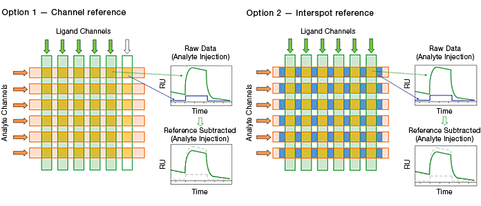 Channel and interspot referencing in the ProteOn system
