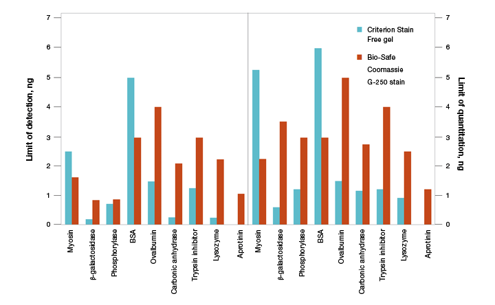 Limits of detection and quantitation comparison data using stain-free technology and Coomassie blue.