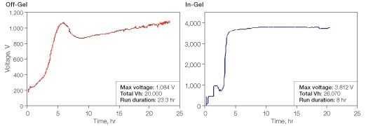 Voltage profiles for off-gel and in-gel peptide separations