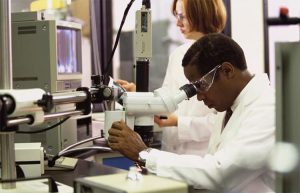 Two people working in a laboratory.