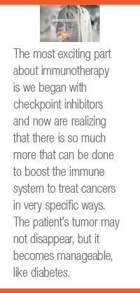 The most exciting part about immunotherapy is we began with checkpoint inhibitors and now are realizing that there is so much more that can be done to boost the immune system to treat cancers in very specific ways. The patient’s tumor may not disappear, but it becomes manageable, like diabetes.