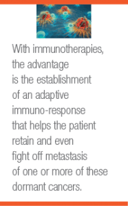 With immunotherapies, the advantage is the establishment of an adaptive immuno-response that helps the patient retain and even fight off metastasis of one or more of these dormant cancers.